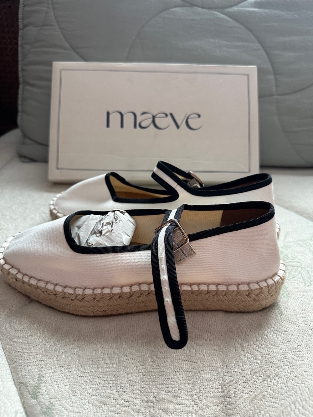 Maeve White Espadrille Mary Jane Flats with Black Trim